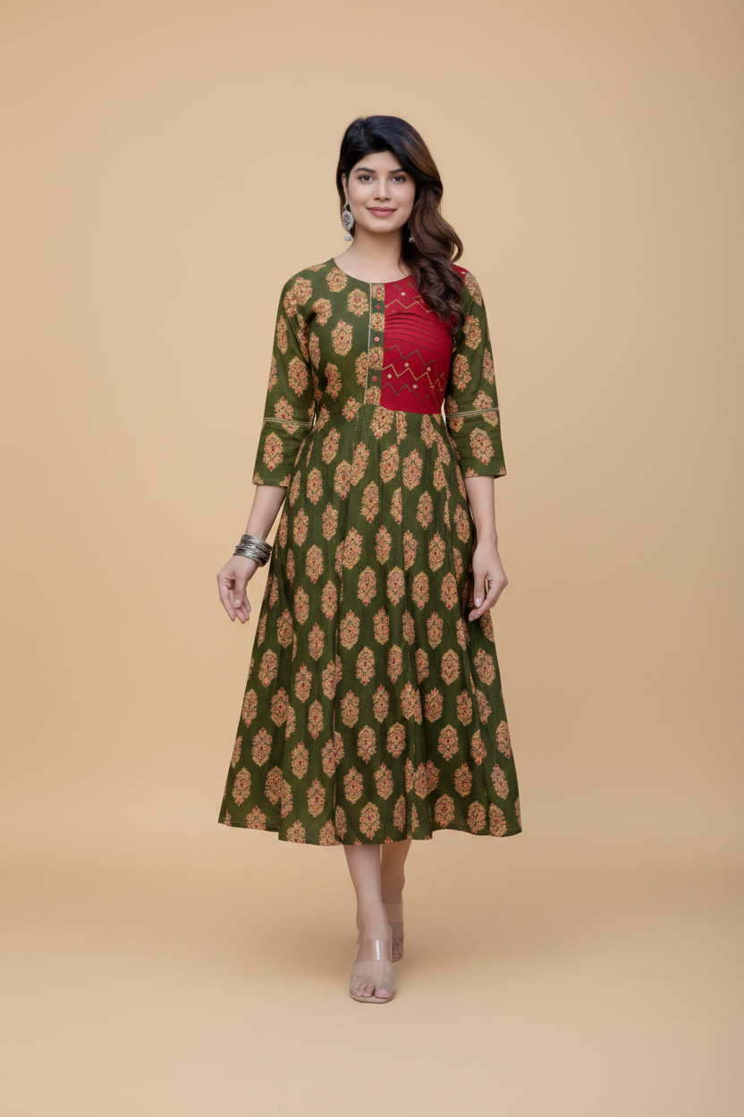 Snuggle Spot Women's Rayon Print With Embroidery Work A-Line Kurti (Dark Green)