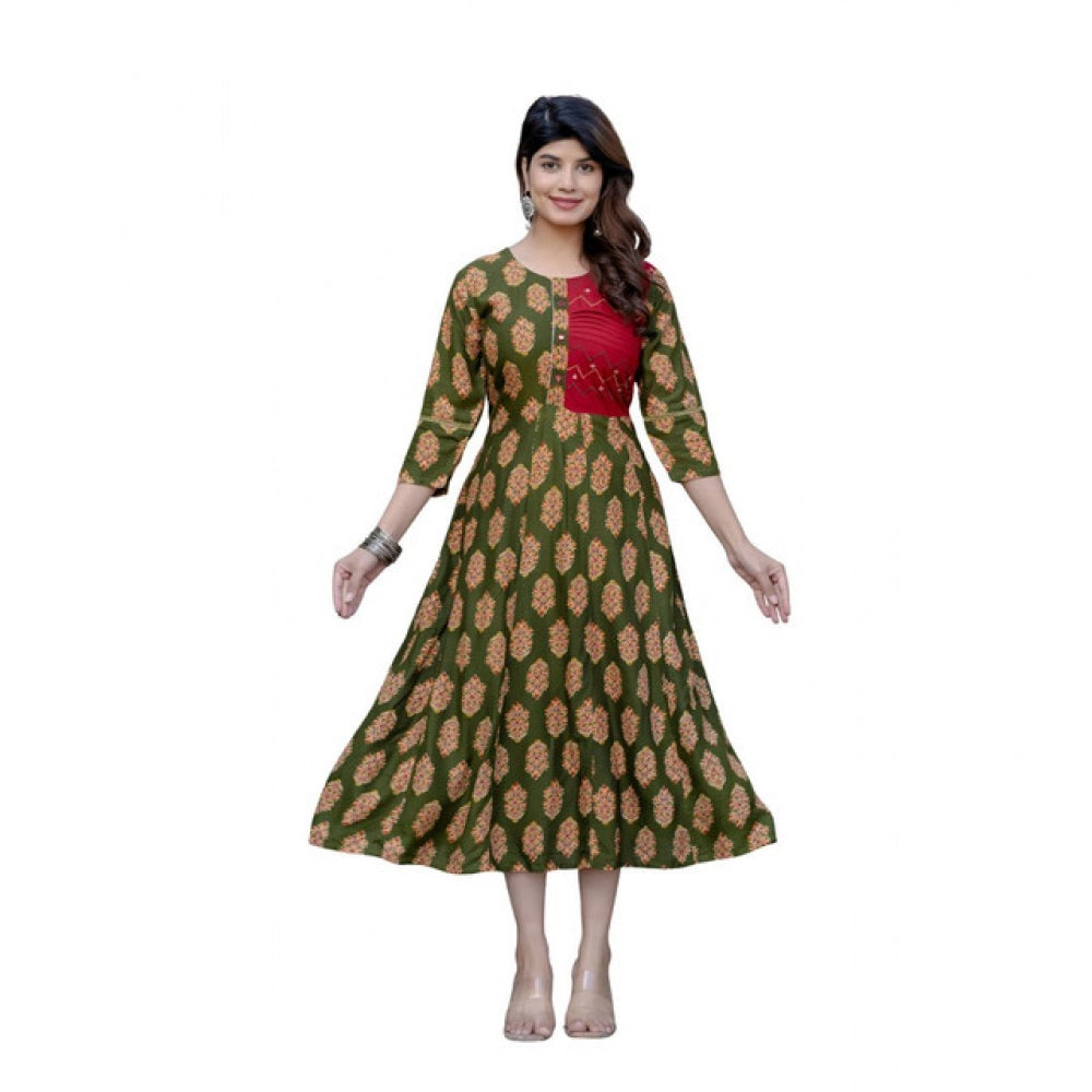 Snuggle Spot Women's Rayon Print With Embroidery Work A-Line Kurti (Dark Green)