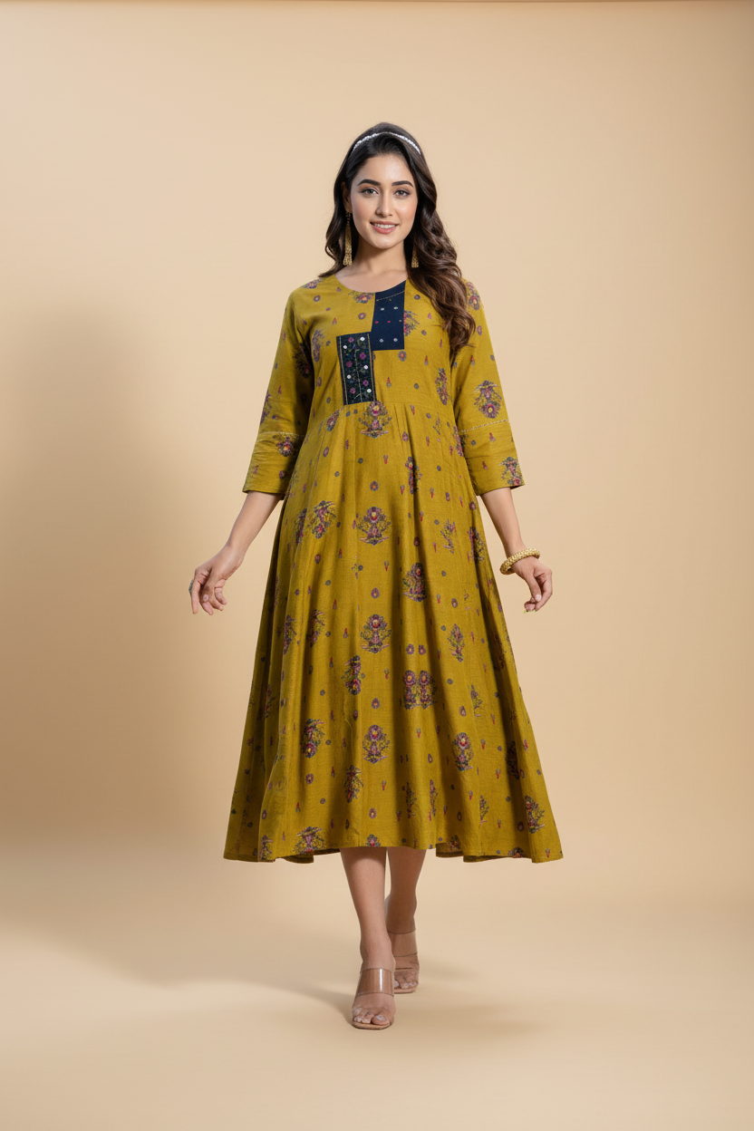 Snuggle Spot Women's Rayon Print With Embroidery Work A-Line Kurti (Mehendi)