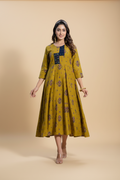 Snuggle Spot Women's Rayon Print With Embroidery Work A-Line Kurti (Mehendi)