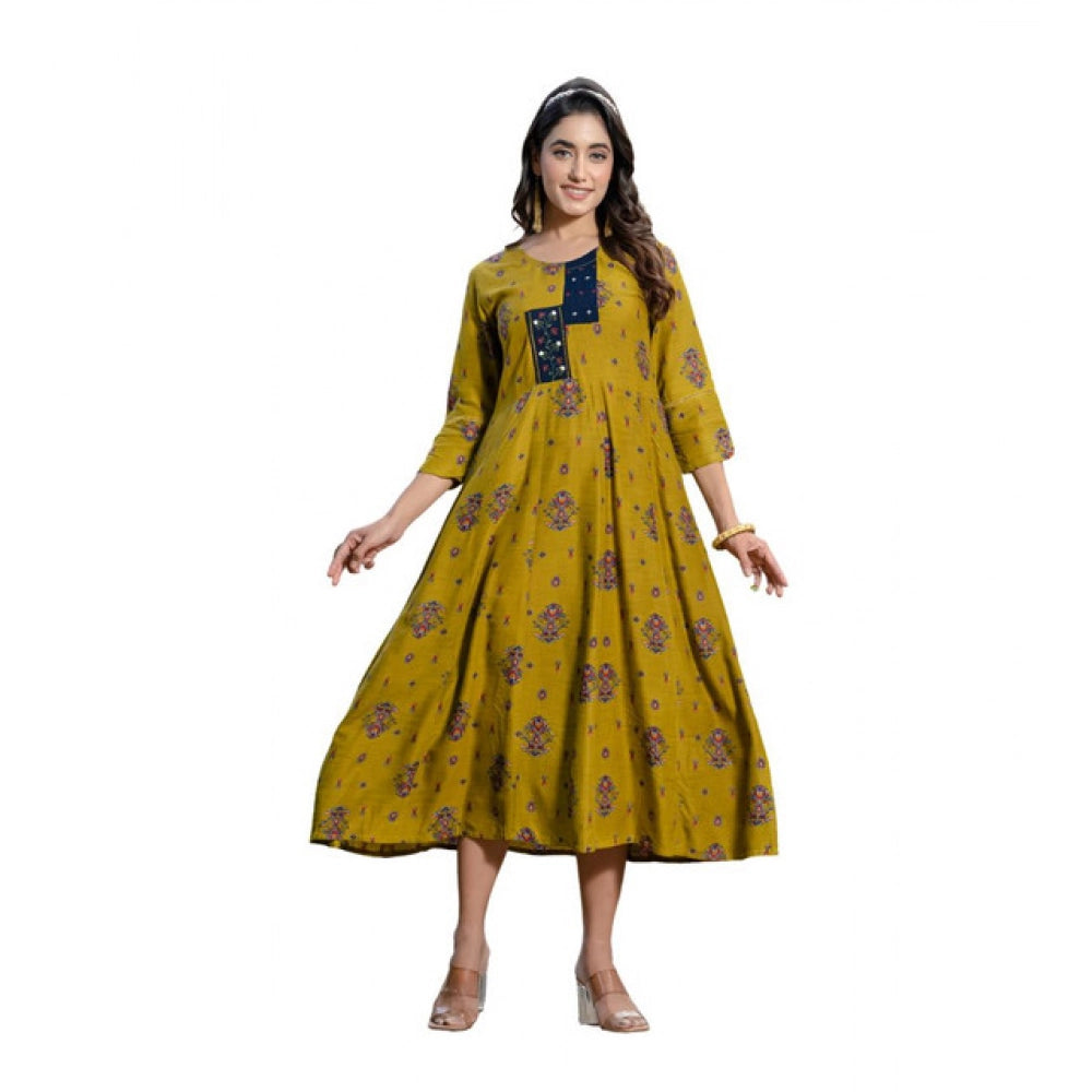 Snuggle Spot Women's Rayon Print With Embroidery Work A-Line Kurti (Mehendi)