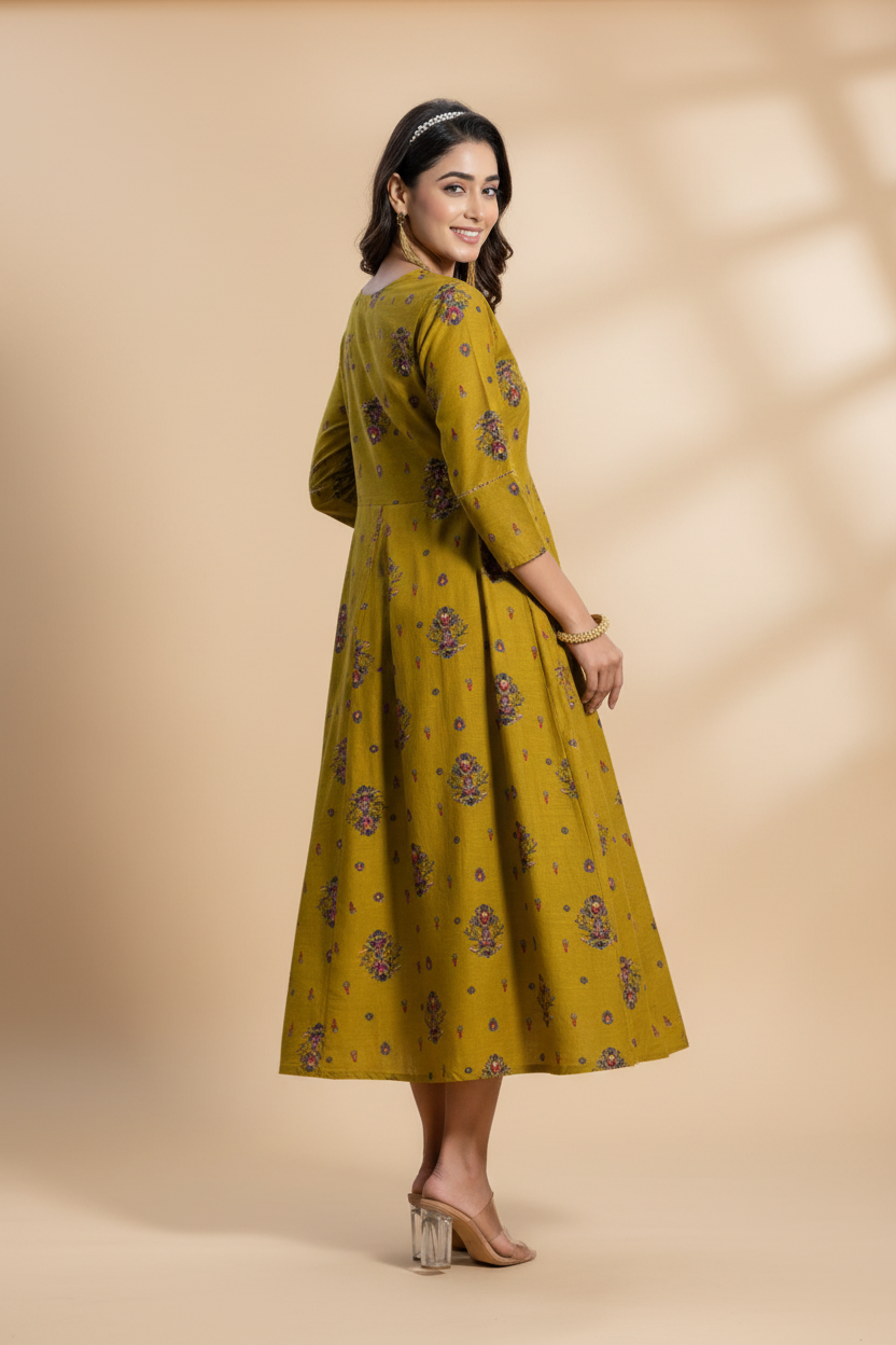 Snuggle Spot Women's Rayon Print With Embroidery Work A-Line Kurti (Mehendi)