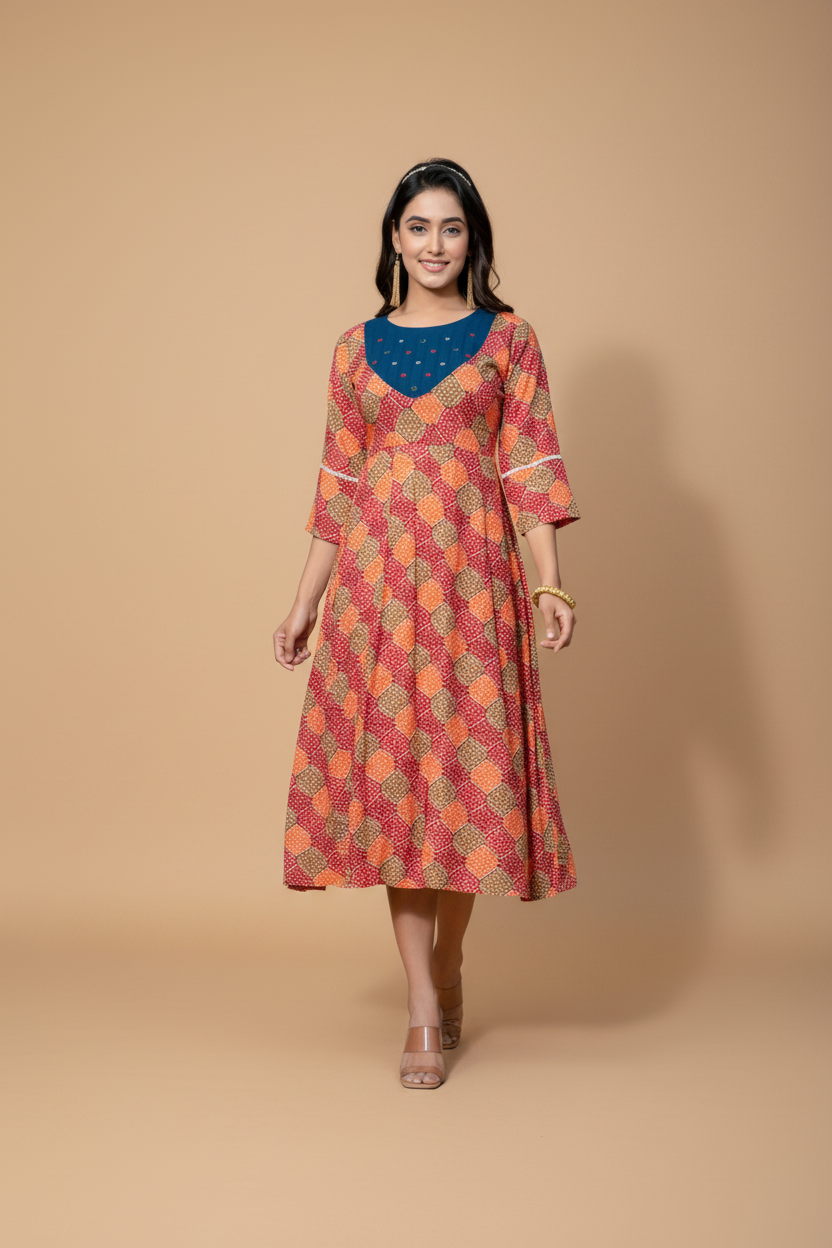 Snuggle Spot Women's Rayon Print With Embroidery Work A-Line Kurti (Multicolor)