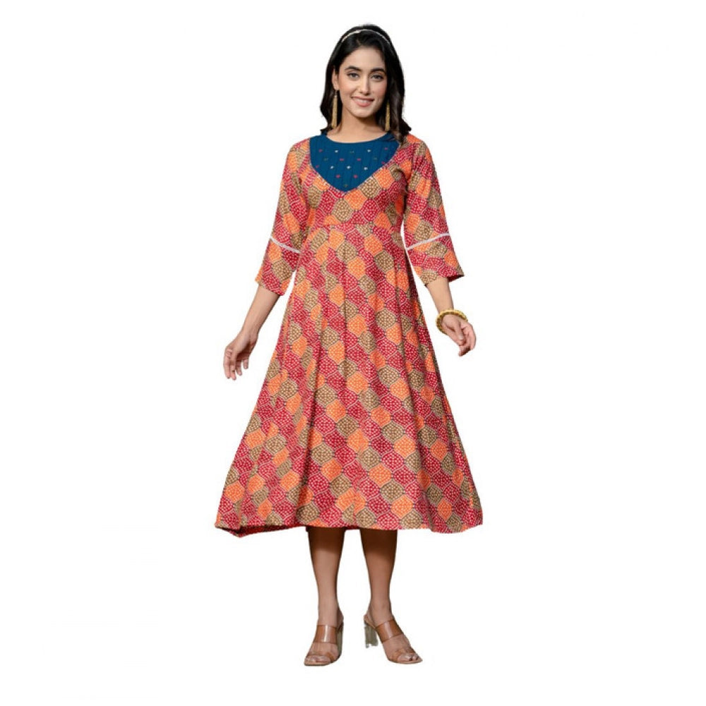 Snuggle Spot Women's Rayon Print With Embroidery Work A-Line Kurti (Multicolor)