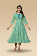 Snuggle Spot Women's Rayon Print With Embroidery Work A-Line Kurti (Rama)