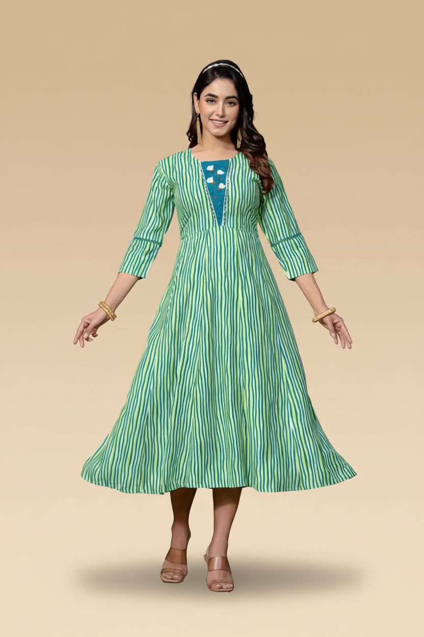 Snuggle Spot Women's Rayon Print With Embroidery Work A-Line Kurti (Rama)