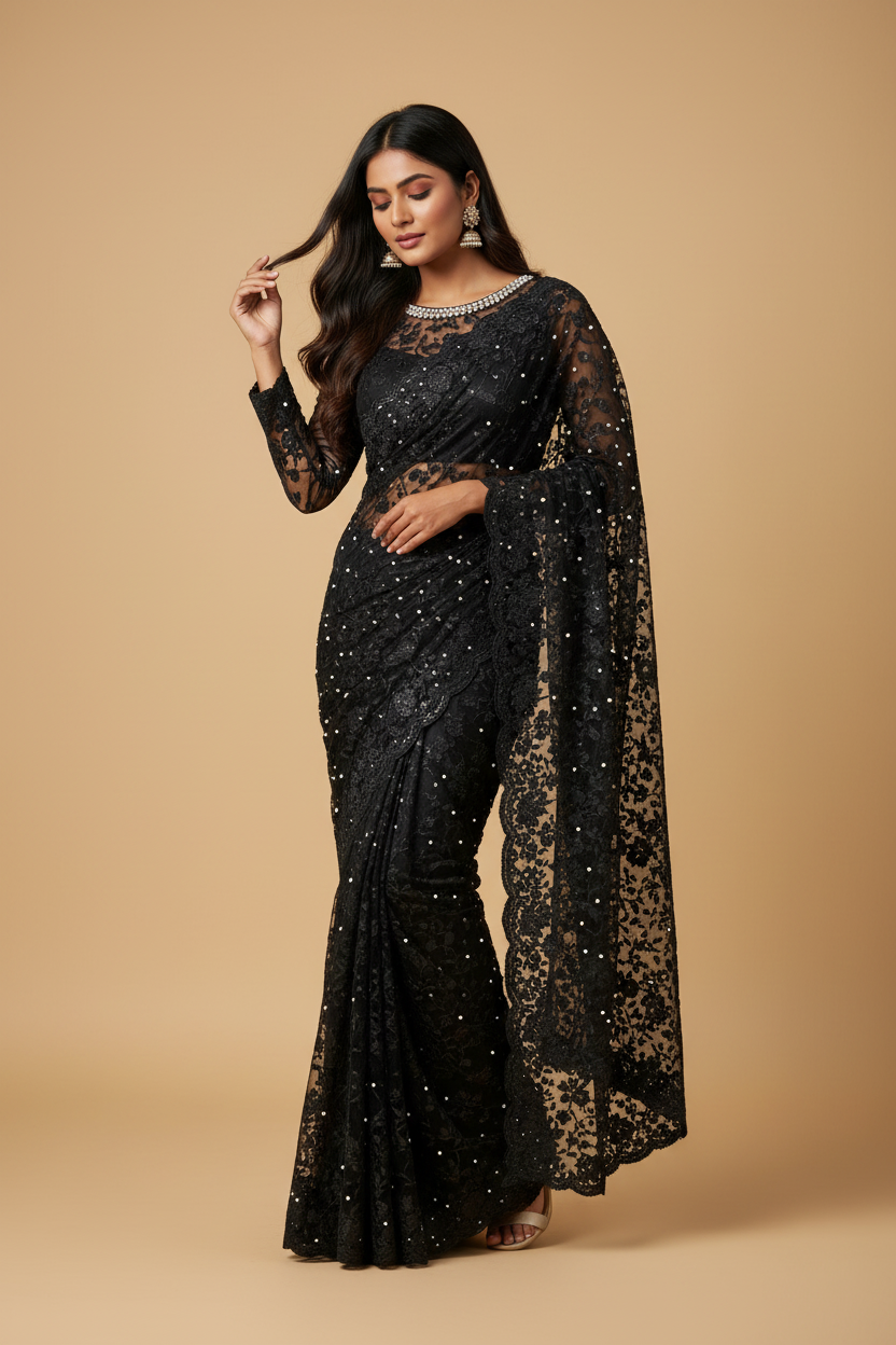 Snuggle Spot Women's Net Self Design Saree With Unstitched Blouse 5.5Mtr (Black)