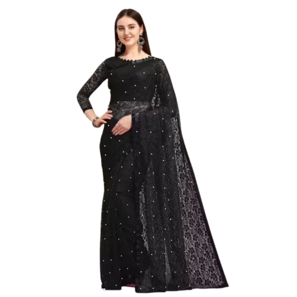 Snuggle Spot Women's Net Self Design Saree With Unstitched Blouse 5.5Mtr (Black)
