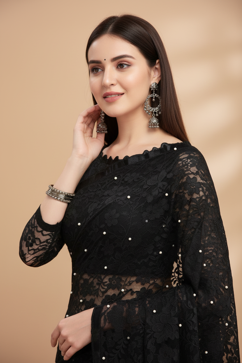 Snuggle Spot Women's Net Self Design Saree With Unstitched Blouse 5.5Mtr (Black)