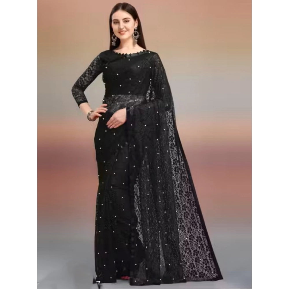 Snuggle Spot Women's Net Self Design Saree With Unstitched Blouse 5.5Mtr (Black)