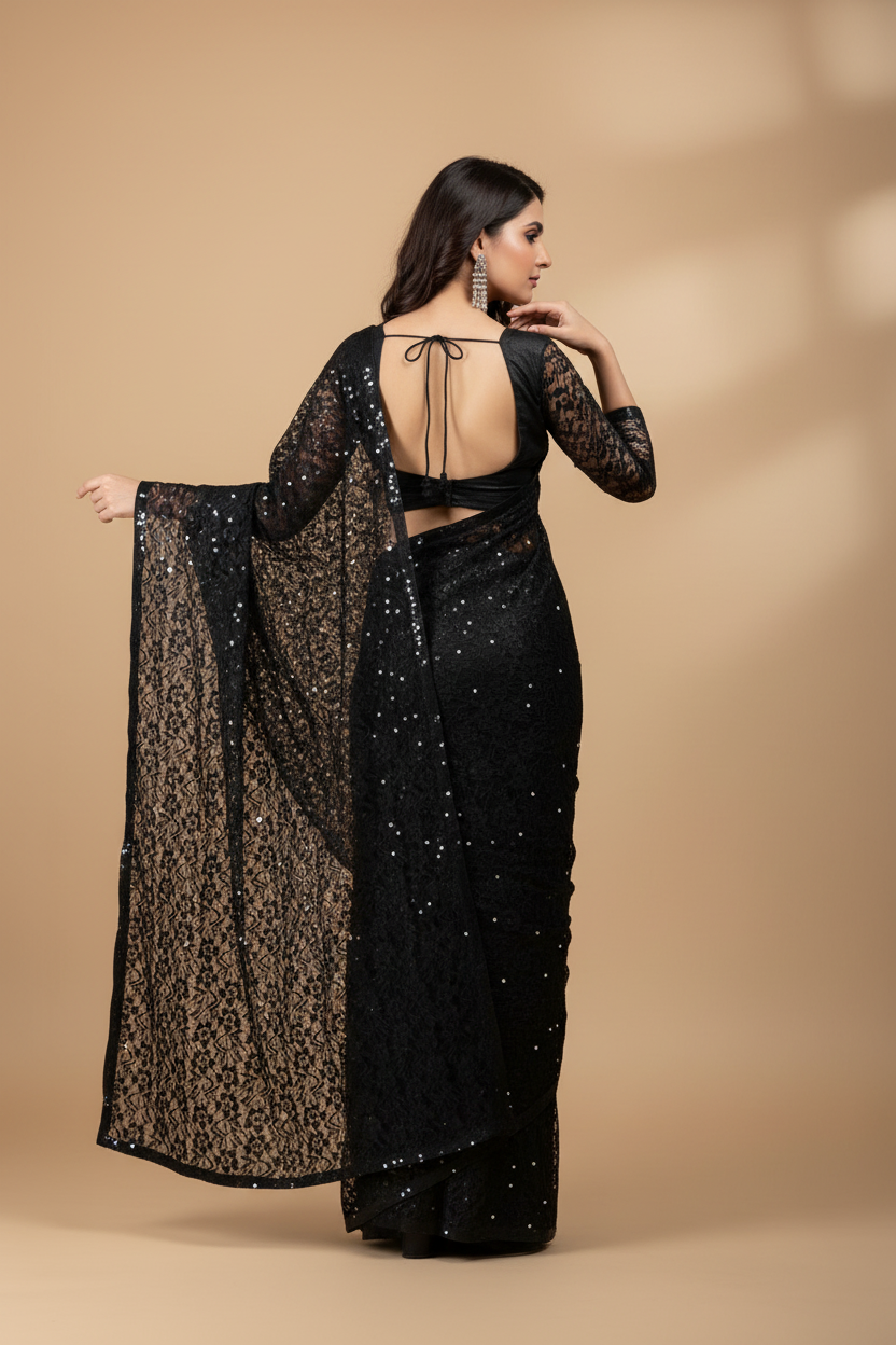 Snuggle Spot Women's Net Self Design Saree With Unstitched Blouse 5.5Mtr (Black)