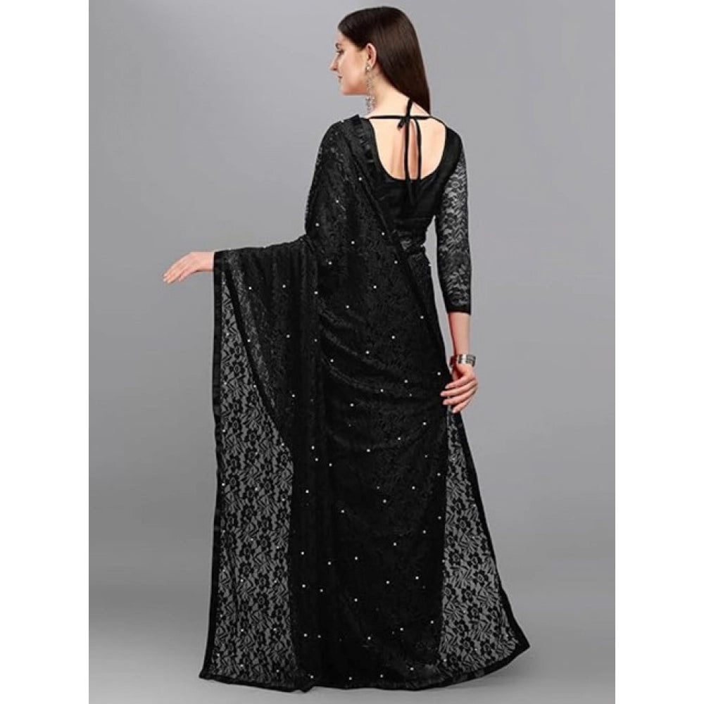 Snuggle Spot Women's Net Self Design Saree With Unstitched Blouse 5.5Mtr (Black)