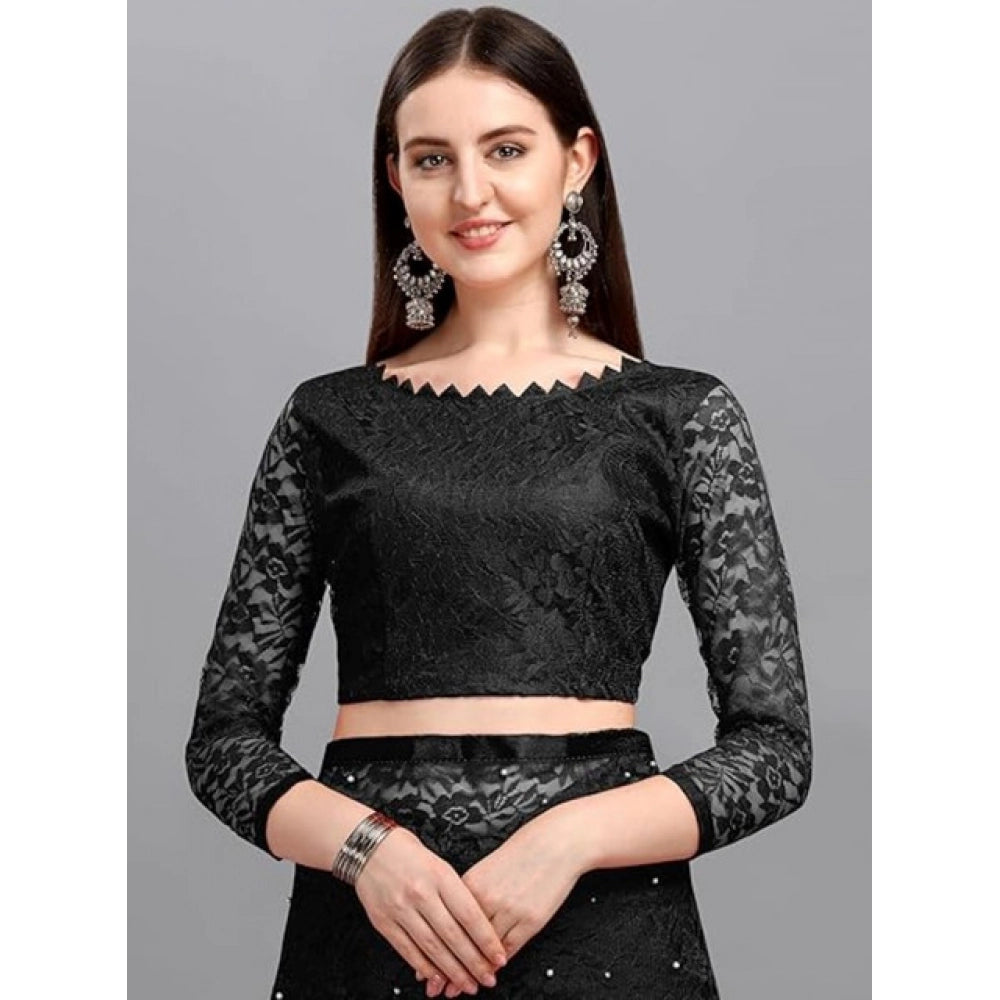 Snuggle Spot Women's Net Self Design Saree With Unstitched Blouse 5.5Mtr (Black)
