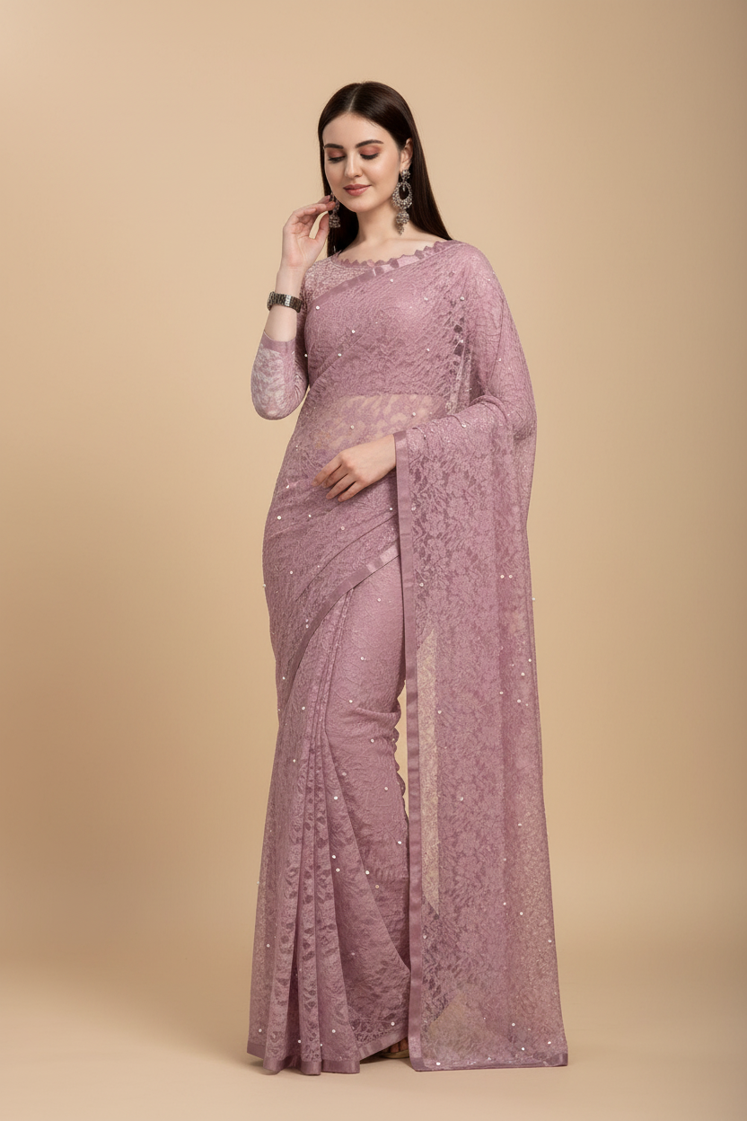 Snuggle Spot Women's Net Self Design Saree With Unstitched Blouse 5.5Mtr (Light Brown)