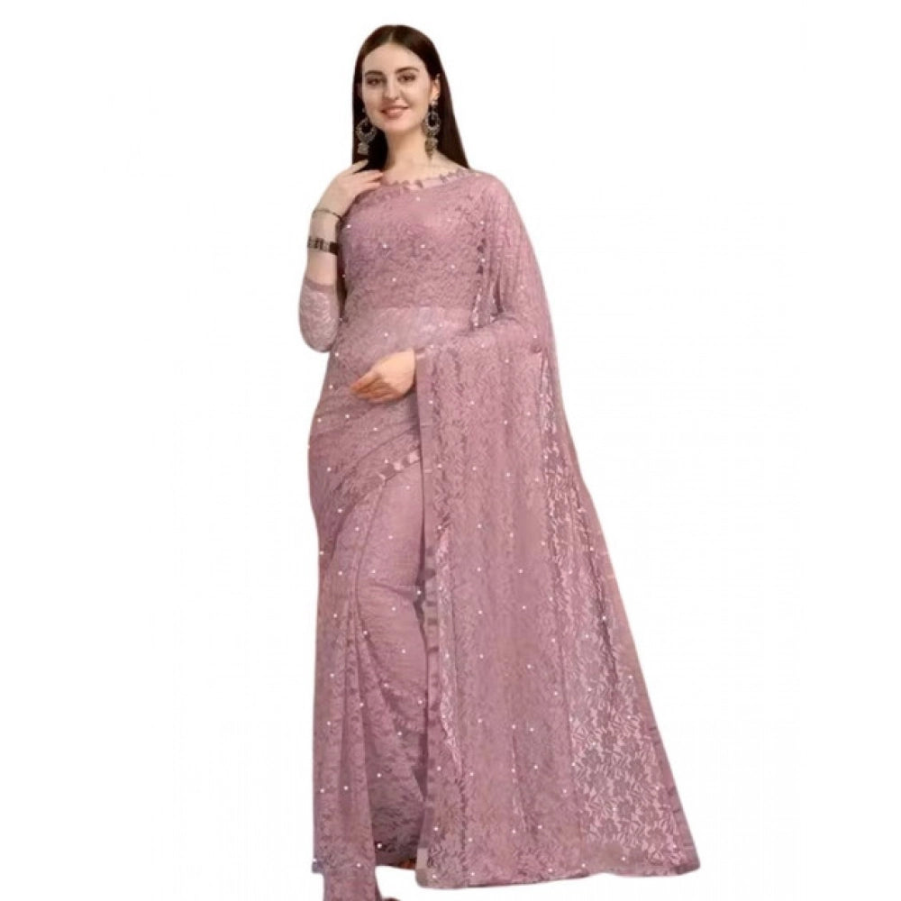 Snuggle Spot Women's Net Self Design Saree With Unstitched Blouse 5.5Mtr (Light Brown)