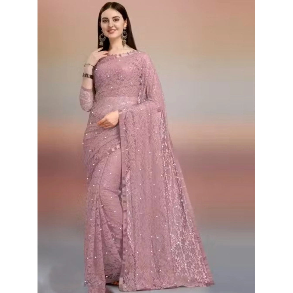 Snuggle Spot Women's Net Self Design Saree With Unstitched Blouse 5.5Mtr (Light Brown)