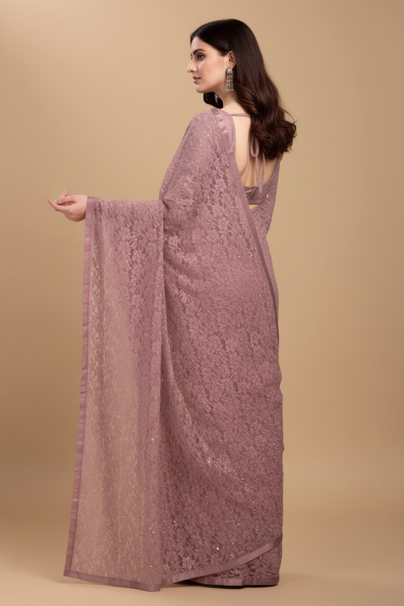 Snuggle Spot Women's Net Self Design Saree With Unstitched Blouse 5.5Mtr (Light Brown)