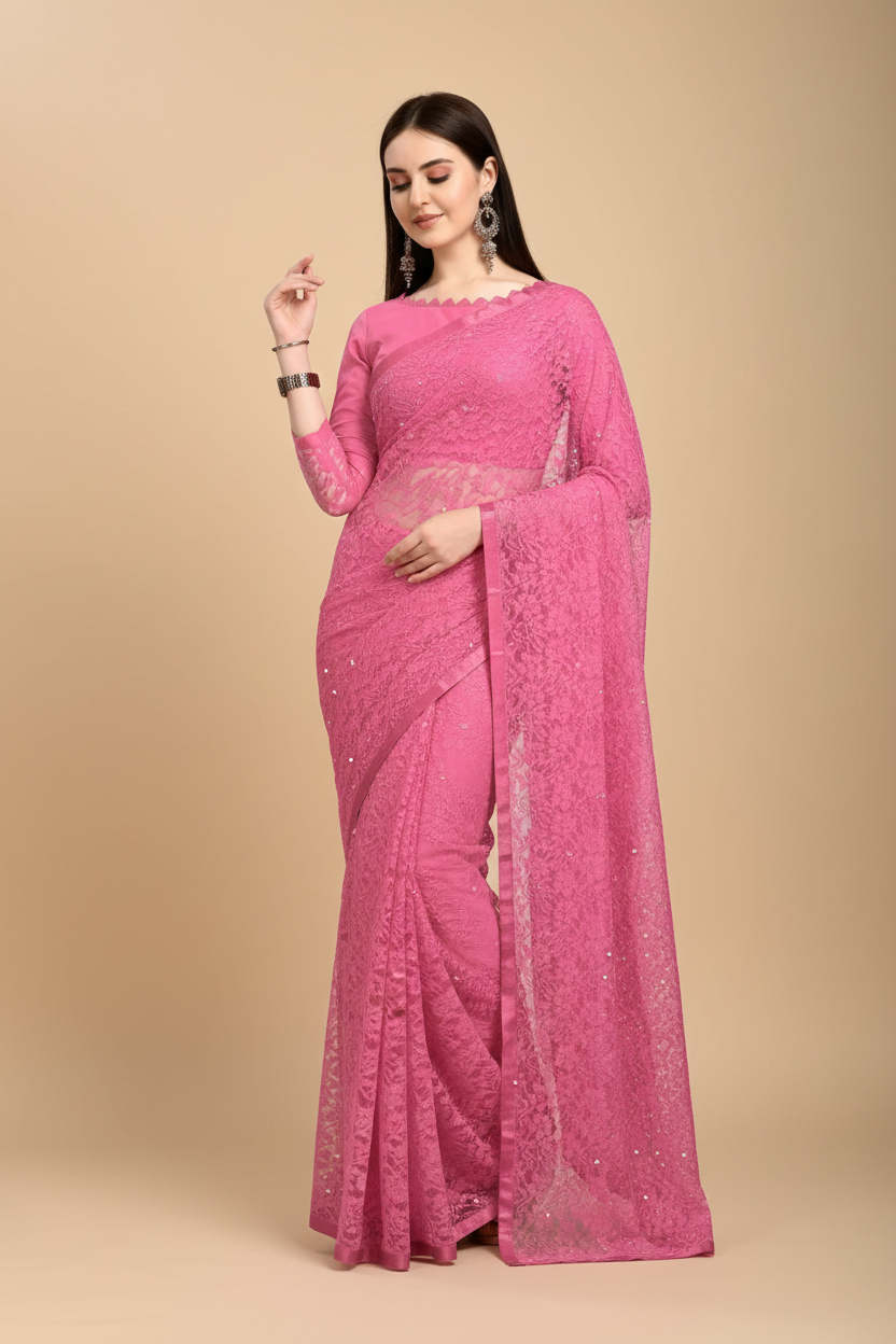 Snuggle Spot Women's Net Self Design Saree With Unstitched Blouse 5.5Mtr (Dark Pink)