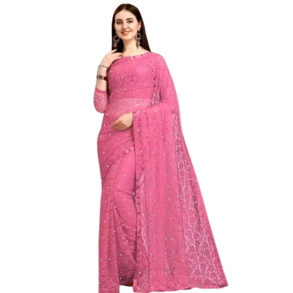 Snuggle Spot Women's Net Self Design Saree With Unstitched Blouse 5.5Mtr (Dark Pink)