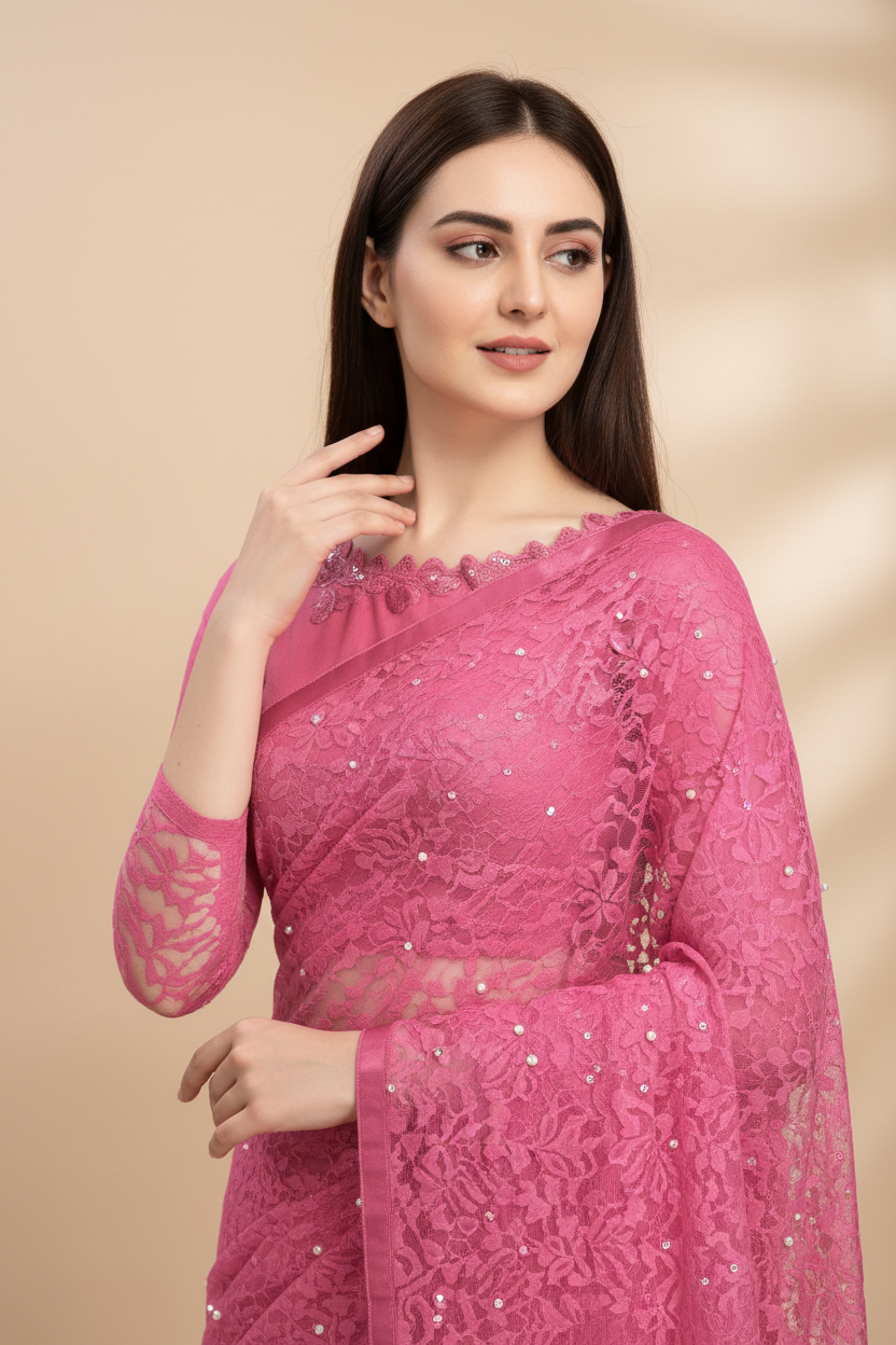 Snuggle Spot Women's Net Self Design Saree With Unstitched Blouse 5.5Mtr (Dark Pink)