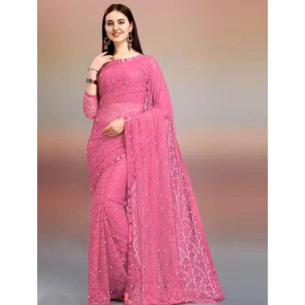 Snuggle Spot Women's Net Self Design Saree With Unstitched Blouse 5.5Mtr (Dark Pink)