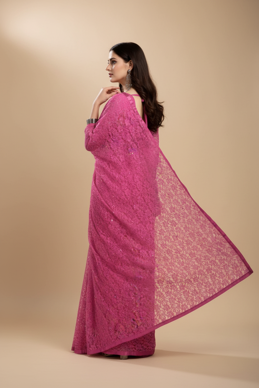 Snuggle Spot Women's Net Self Design Saree With Unstitched Blouse 5.5Mtr (Dark Pink)
