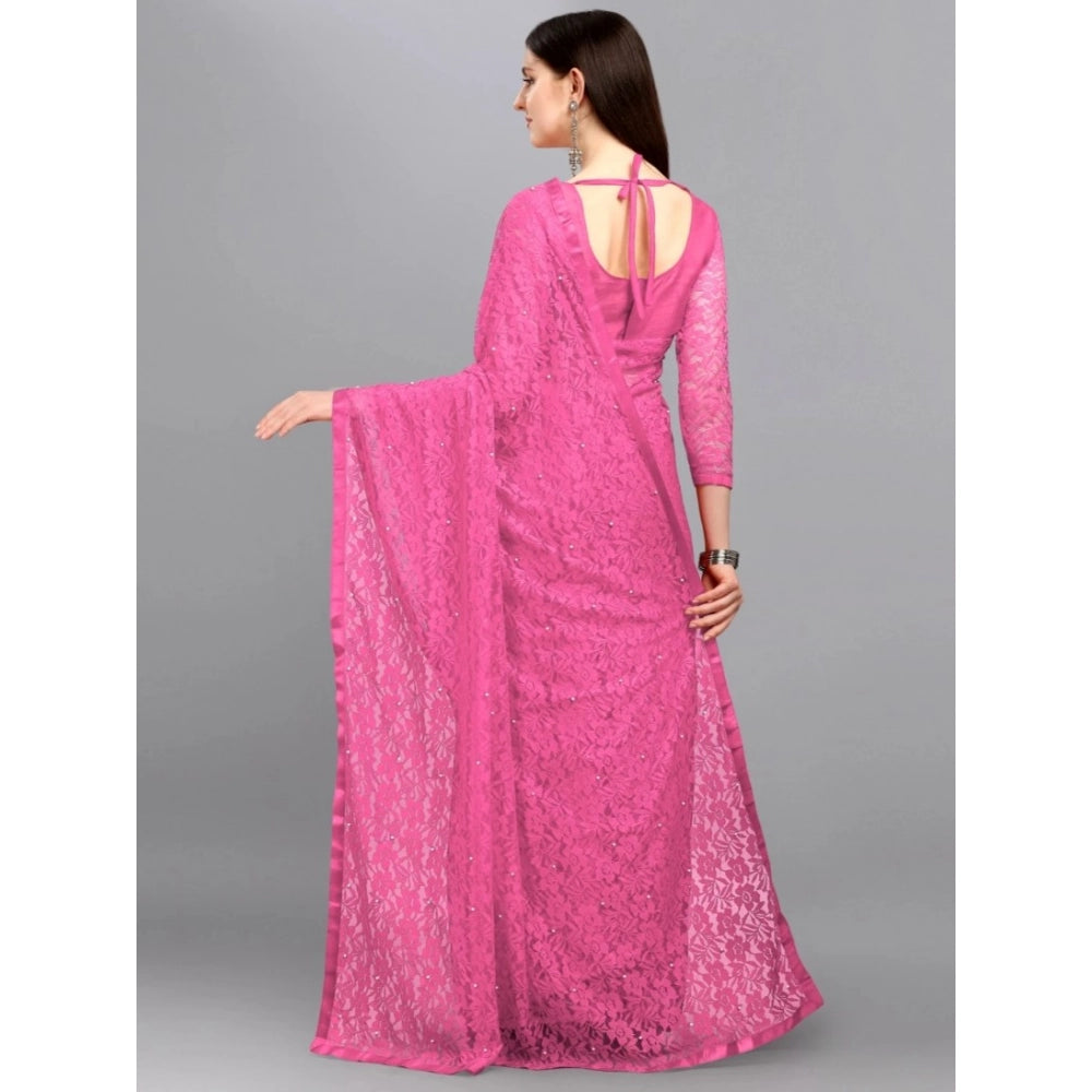 Snuggle Spot Women's Net Self Design Saree With Unstitched Blouse 5.5Mtr (Dark Pink)