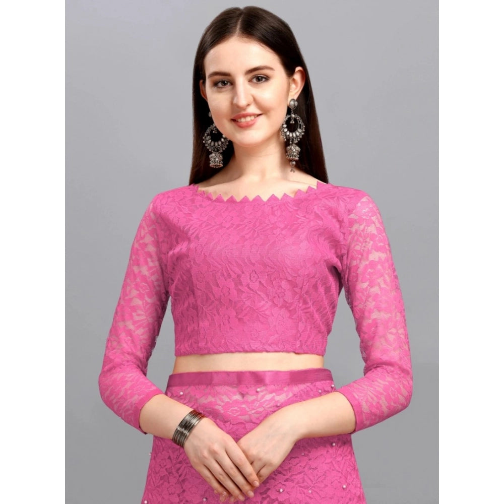 Snuggle Spot Women's Net Self Design Saree With Unstitched Blouse 5.5Mtr (Dark Pink)