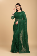 Snuggle Spot Women's Net Self Design Saree With Unstitched Blouse 5.5Mtr (Green)