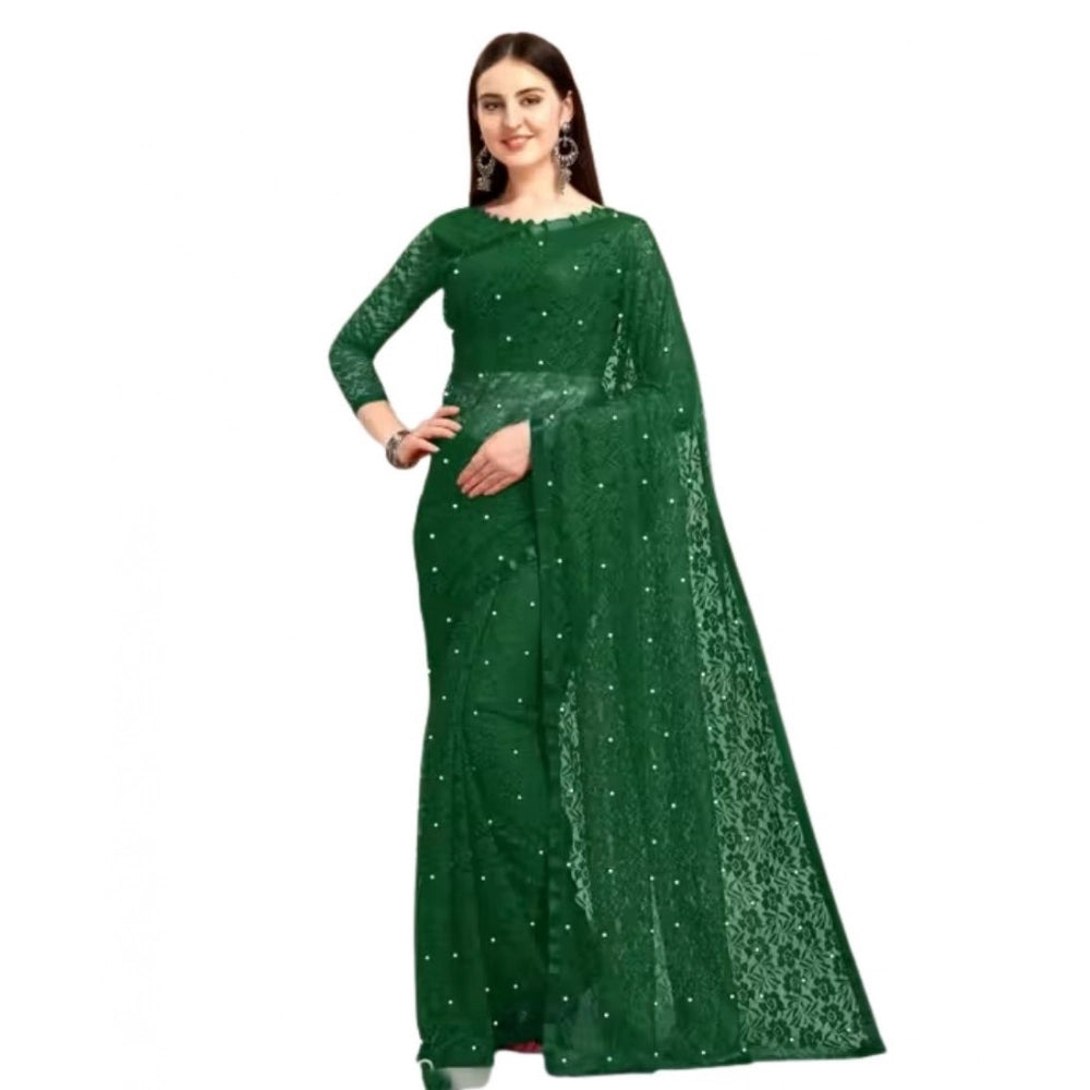 Snuggle Spot Women's Net Self Design Saree With Unstitched Blouse 5.5Mtr (Green)