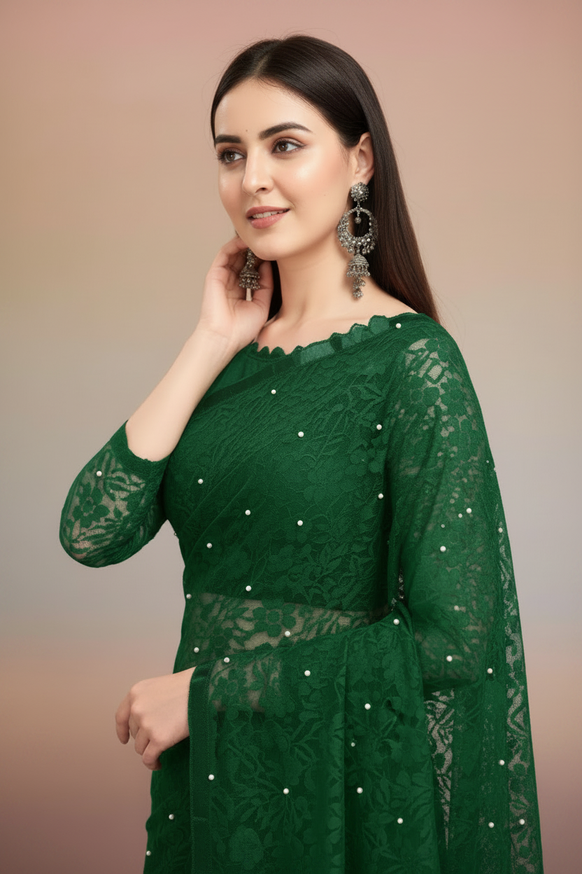 Snuggle Spot Women's Net Self Design Saree With Unstitched Blouse 5.5Mtr (Green)