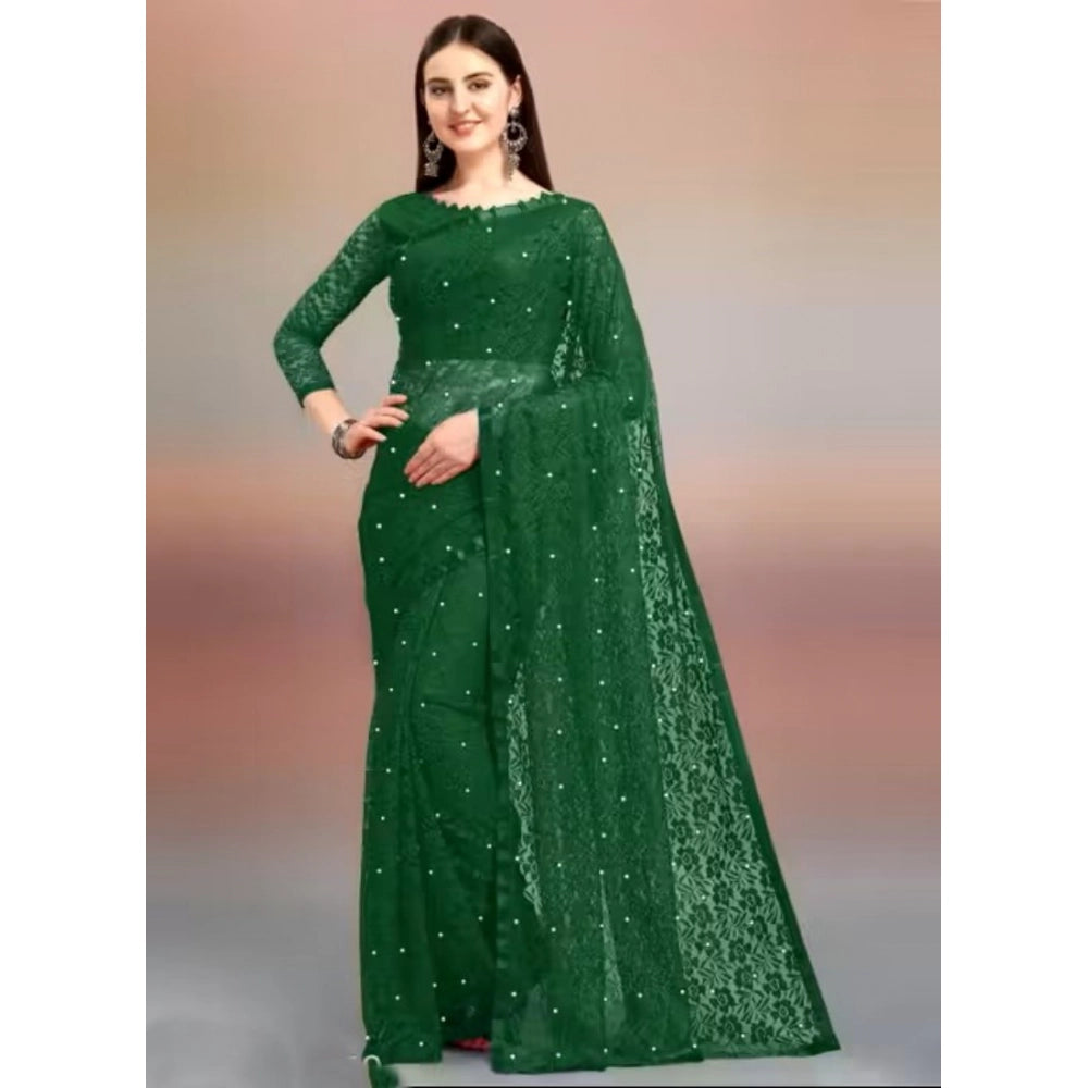 Snuggle Spot Women's Net Self Design Saree With Unstitched Blouse 5.5Mtr (Green)