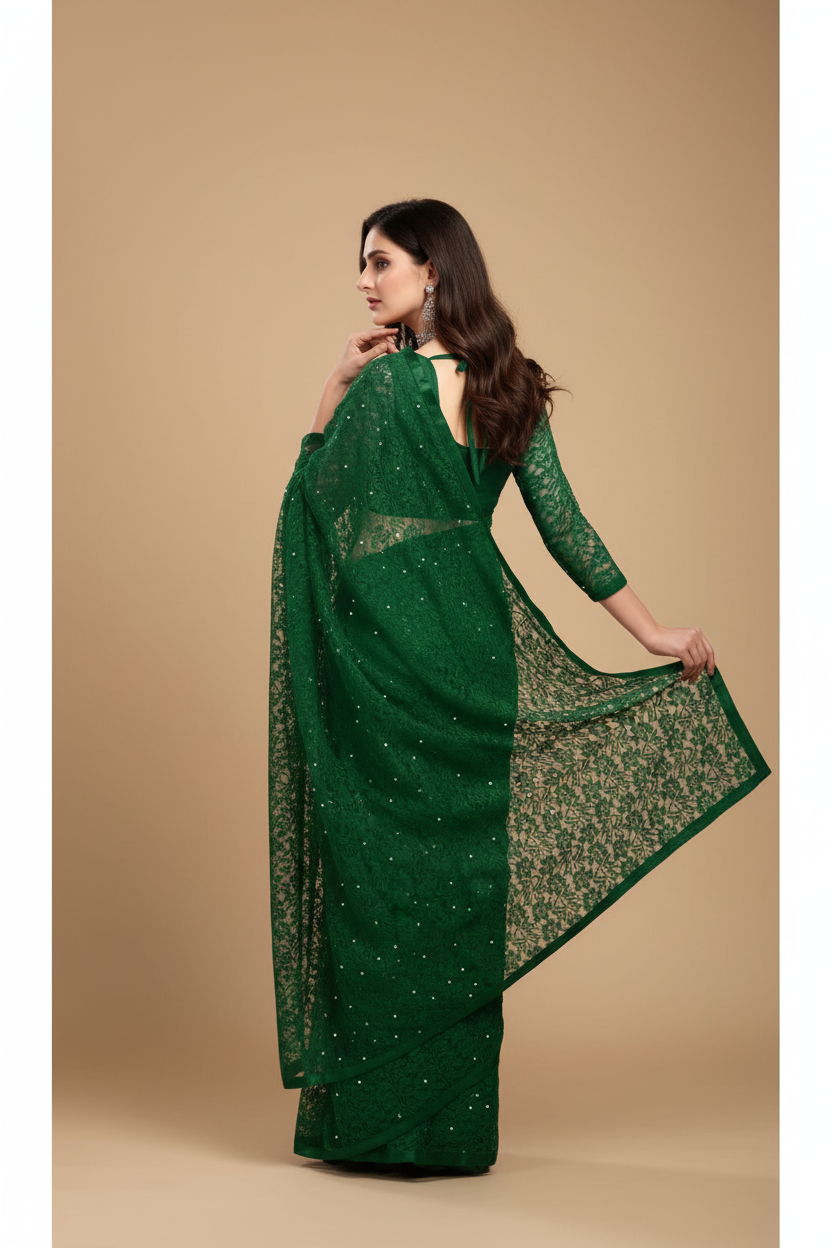 Snuggle Spot Women's Net Self Design Saree With Unstitched Blouse 5.5Mtr (Green)