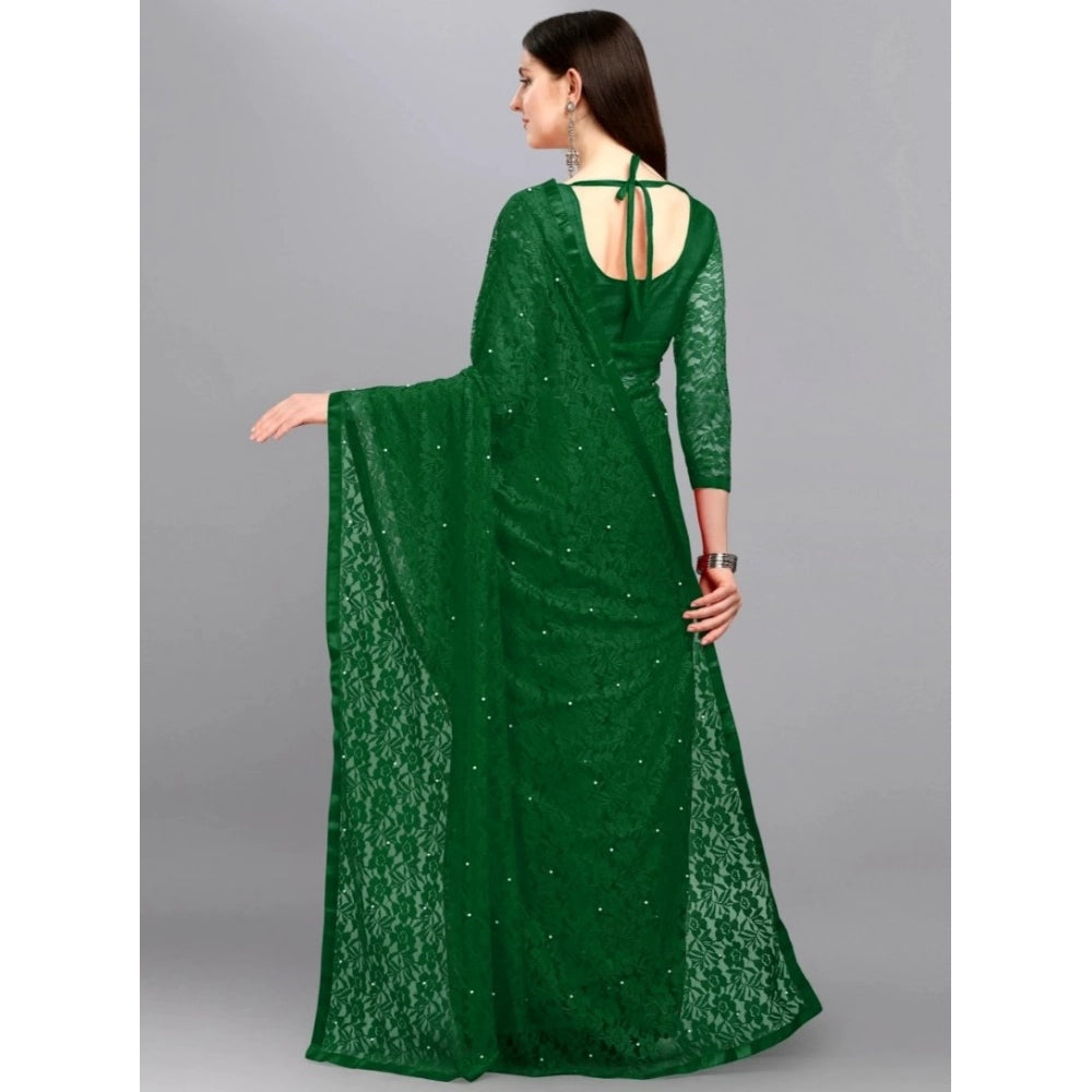 Snuggle Spot Women's Net Self Design Saree With Unstitched Blouse 5.5Mtr (Green)