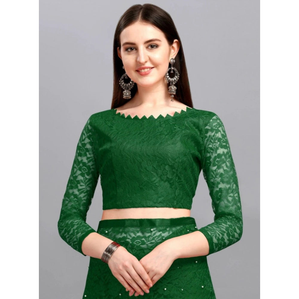 Snuggle Spot Women's Net Self Design Saree With Unstitched Blouse 5.5Mtr (Green)