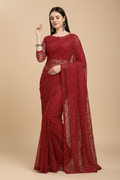 Snuggle Spot Women's Net Self Design Saree With Unstitched Blouse 5.5Mtr (Maroon)