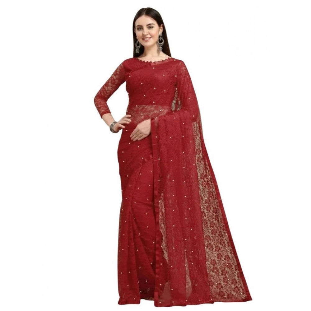 Snuggle Spot Women's Net Self Design Saree With Unstitched Blouse 5.5Mtr (Maroon)