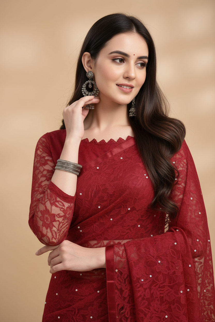 Snuggle Spot Women's Net Self Design Saree With Unstitched Blouse 5.5Mtr (Maroon)