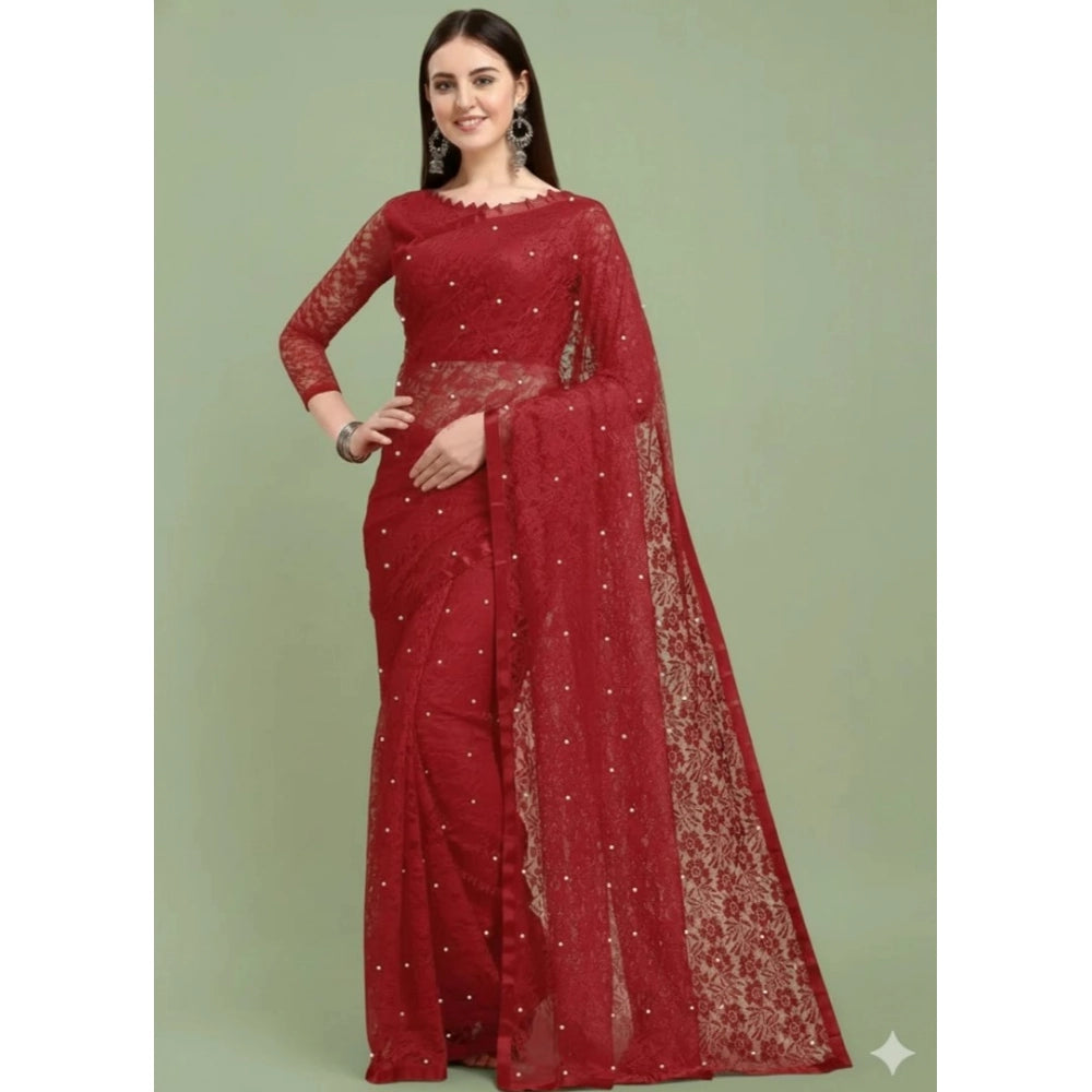 Snuggle Spot Women's Net Self Design Saree With Unstitched Blouse 5.5Mtr (Maroon)