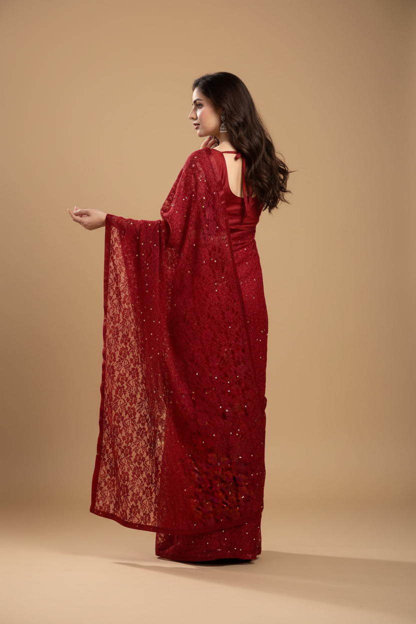 Snuggle Spot Women's Net Self Design Saree With Unstitched Blouse 5.5Mtr (Maroon)