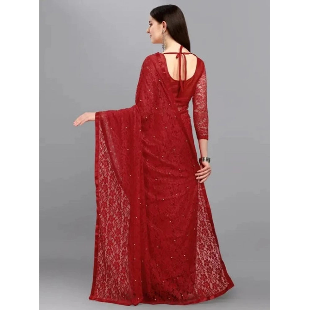 Snuggle Spot Women's Net Self Design Saree With Unstitched Blouse 5.5Mtr (Maroon)