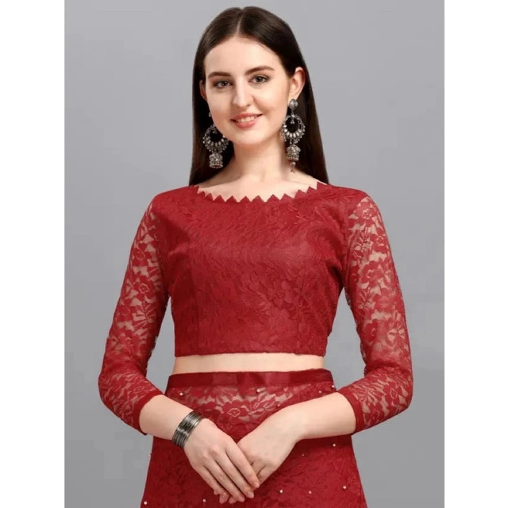 Snuggle Spot Women's Net Self Design Saree With Unstitched Blouse 5.5Mtr (Maroon)