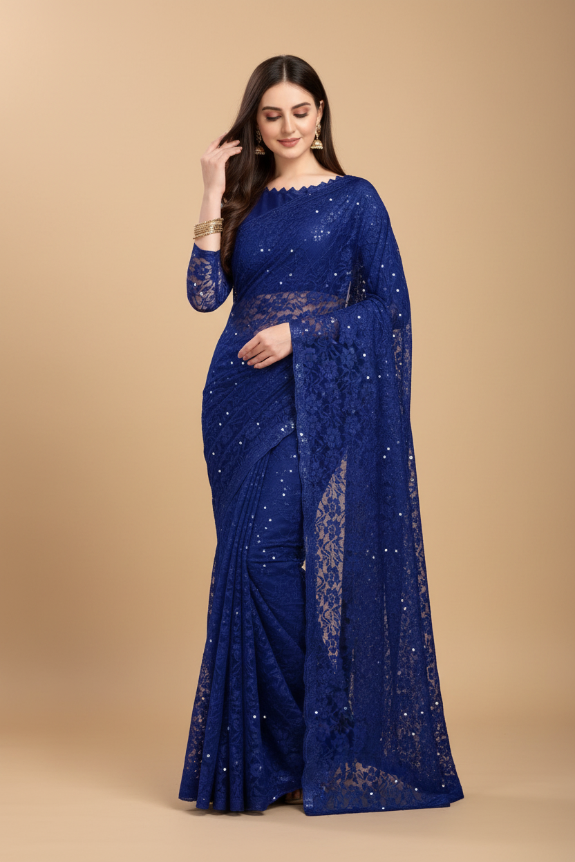 Snuggle Spot Women's Net Self Design Saree With Unstitched Blouse 5.5Mtr (Navy Blue)