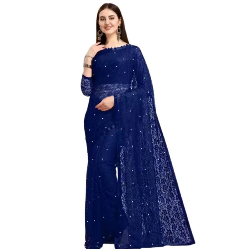 Snuggle Spot Women's Net Self Design Saree With Unstitched Blouse 5.5Mtr (Navy Blue)