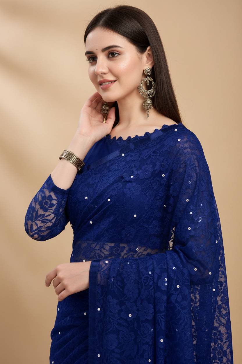 Snuggle Spot Women's Net Self Design Saree With Unstitched Blouse 5.5Mtr (Navy Blue)