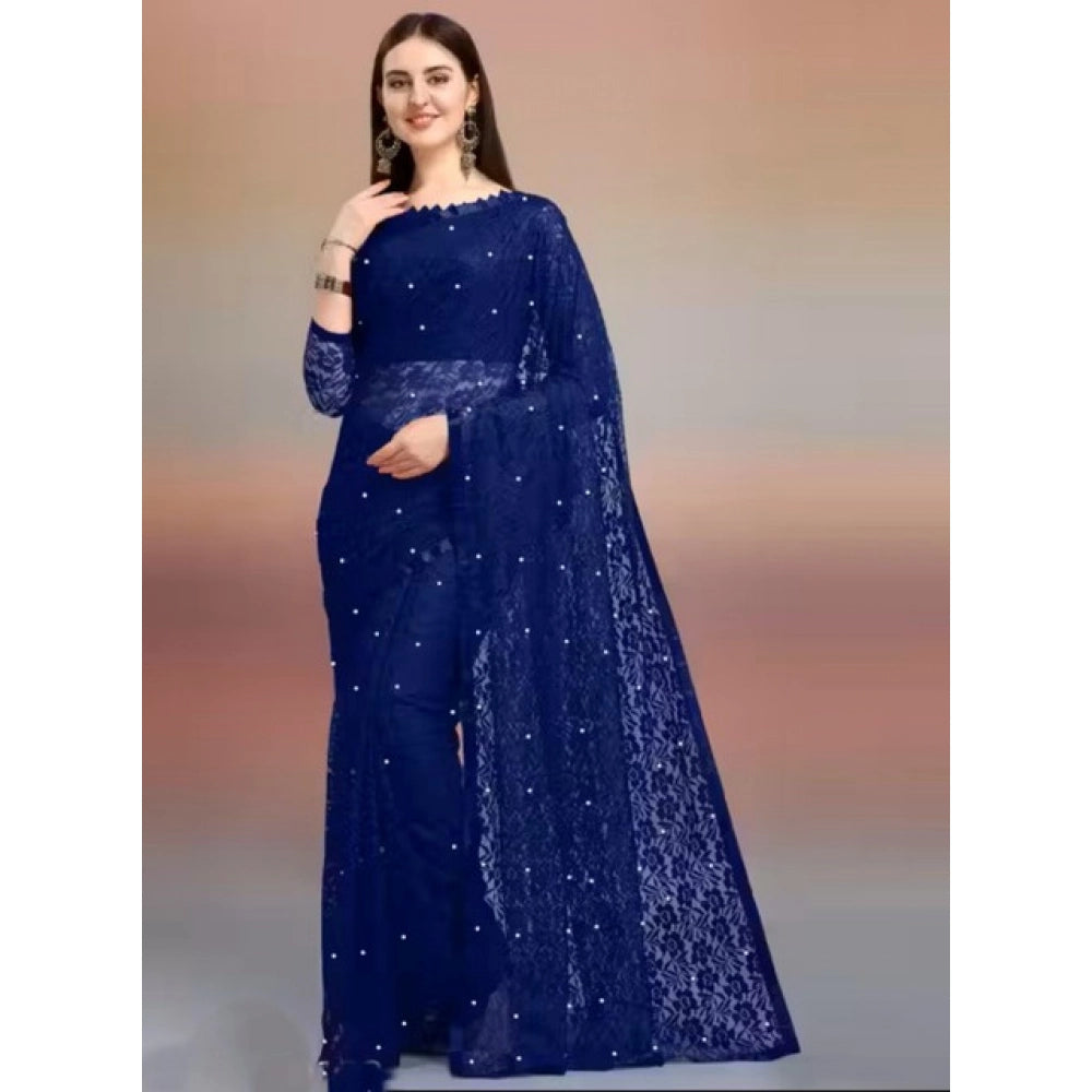 Snuggle Spot Women's Net Self Design Saree With Unstitched Blouse 5.5Mtr (Navy Blue)