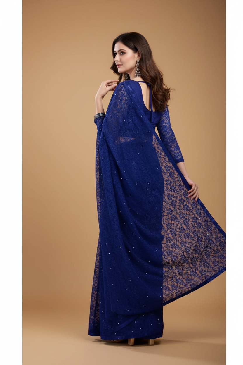 Snuggle Spot Women's Net Self Design Saree With Unstitched Blouse 5.5Mtr (Navy Blue)
