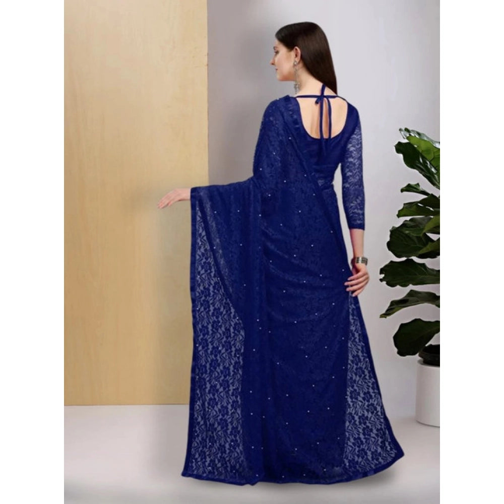 Snuggle Spot Women's Net Self Design Saree With Unstitched Blouse 5.5Mtr (Navy Blue)