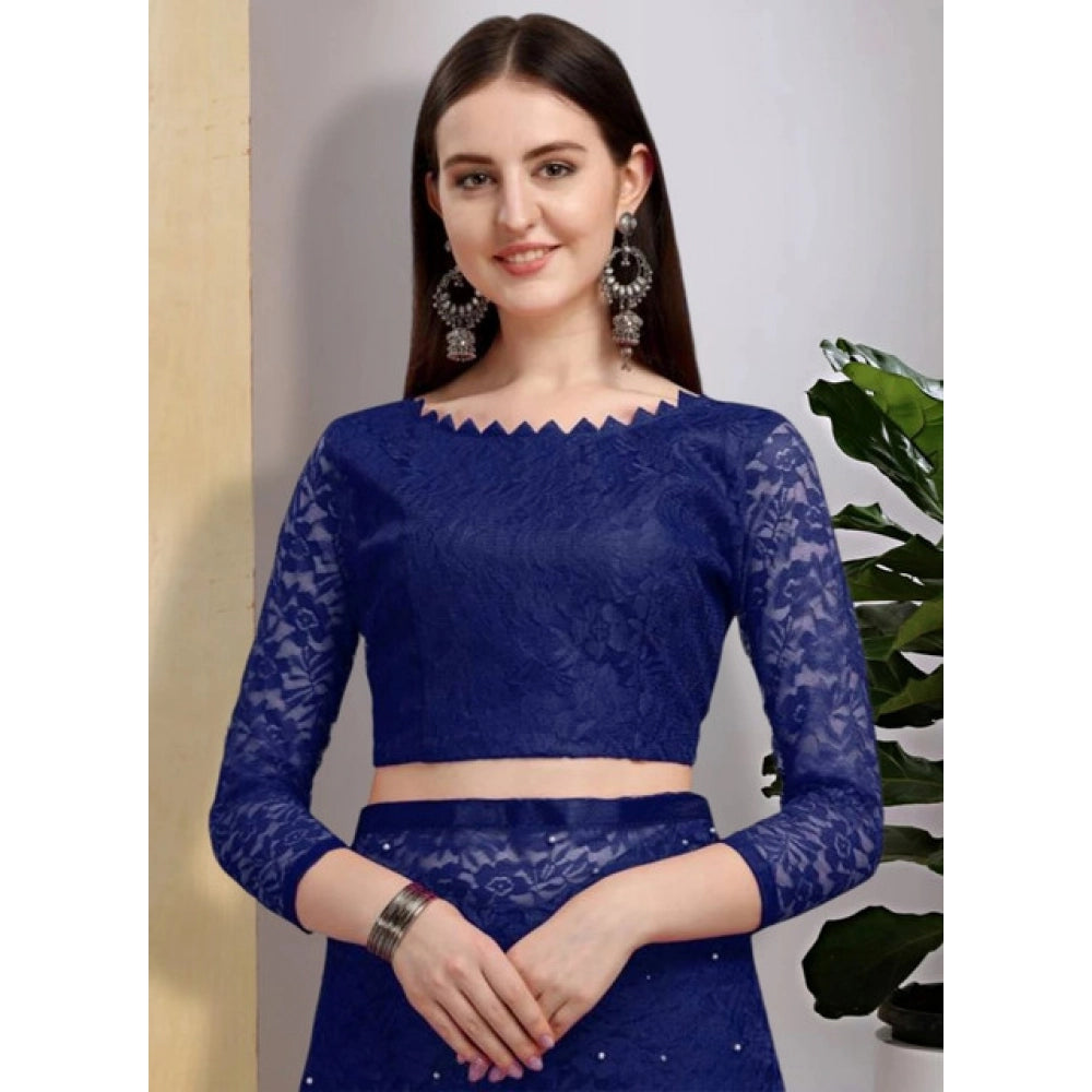 Snuggle Spot Women's Net Self Design Saree With Unstitched Blouse 5.5Mtr (Navy Blue)