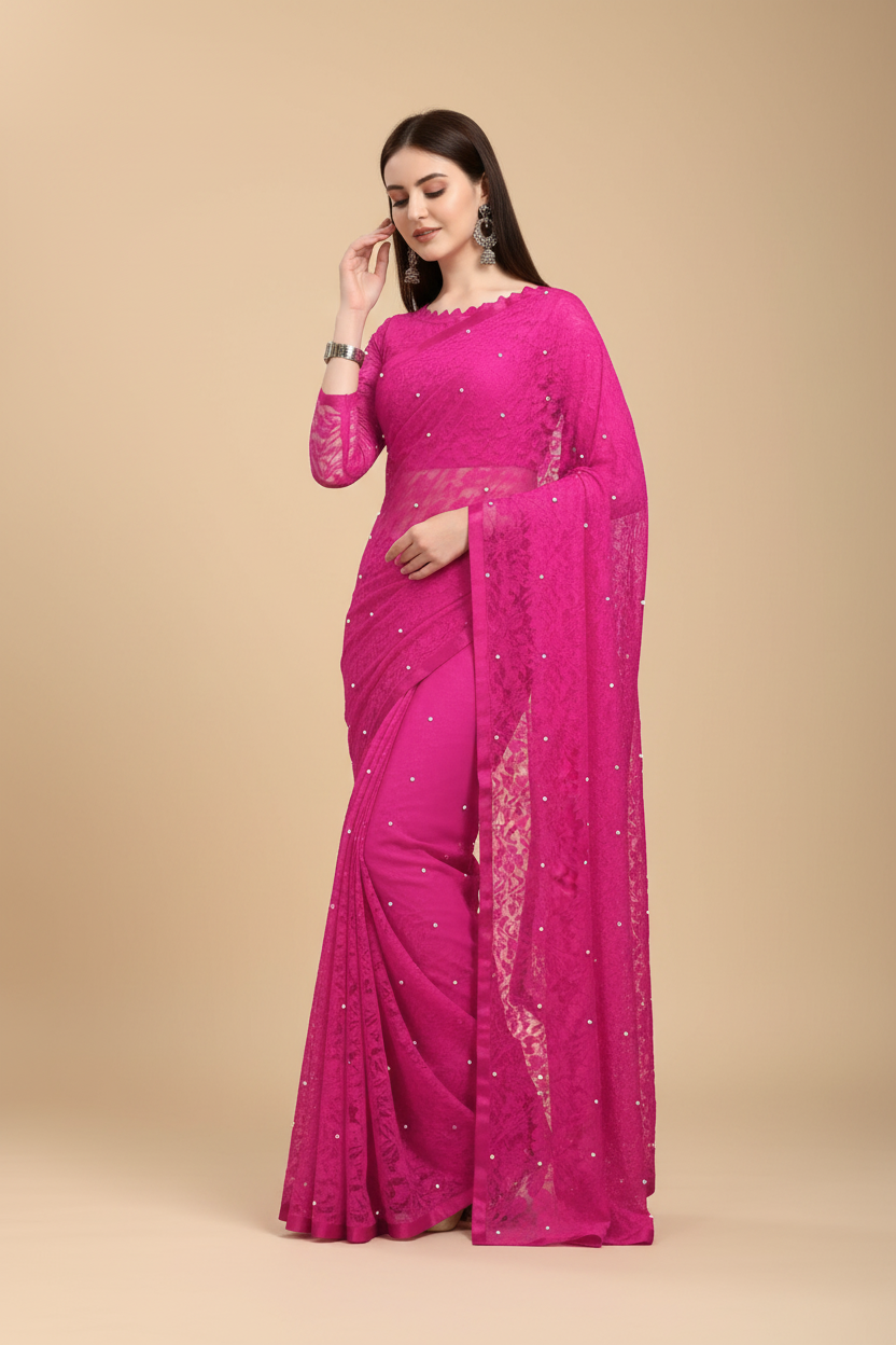 Snuggle Spot Women's Net Self Design Saree With Unstitched Blouse 5.5Mtr (Rani)
